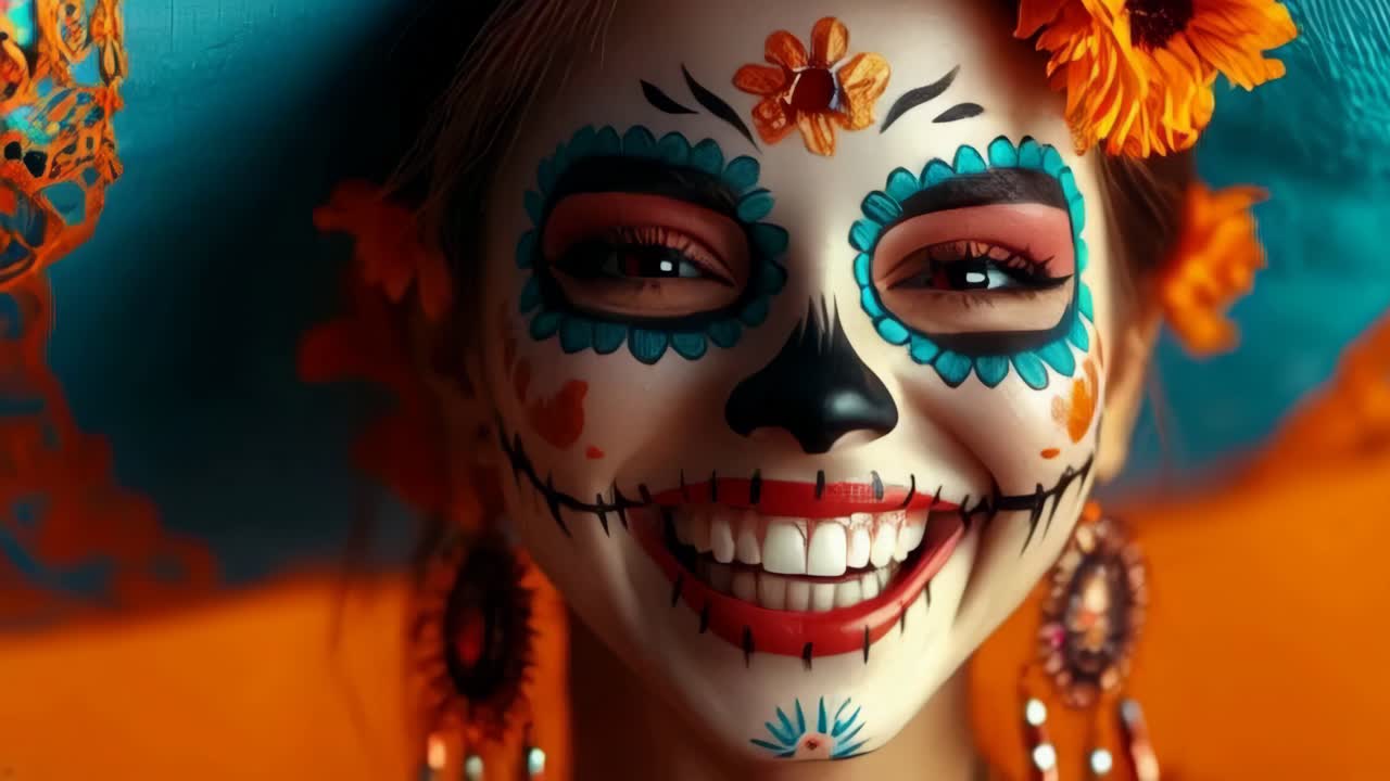 A woman with a skull painted on her face, dia de Muertos