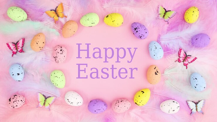 Happy Easter text write inside of vibrant frame with eggs, feathers and butterflies. Stop motion