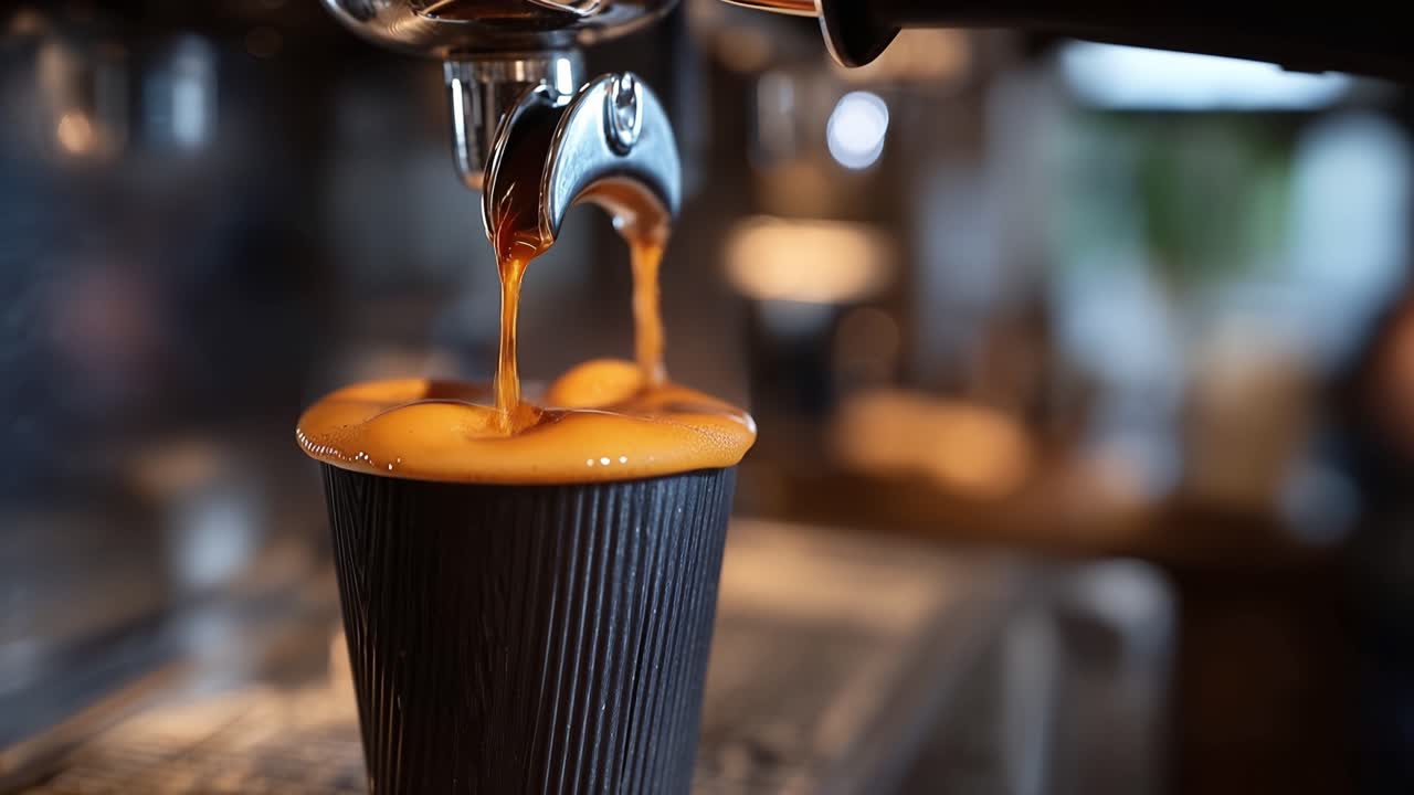 Dark cup catches rich, steady stream of espresso. Gentle drip swirls in warm, textured paper. Barista's work shines behind blurred glass. Moment feels calm, focused, ritualistic. Ideal for cafe scenes