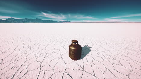 old rusted danger gas container on salt lake