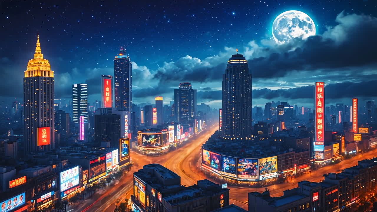 Vibrant Cityscape at Night with a Full Moon