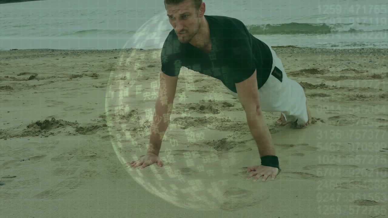hombre haciendo flexiones en la playa con procesamiento de datos digitales animación sobre la escena