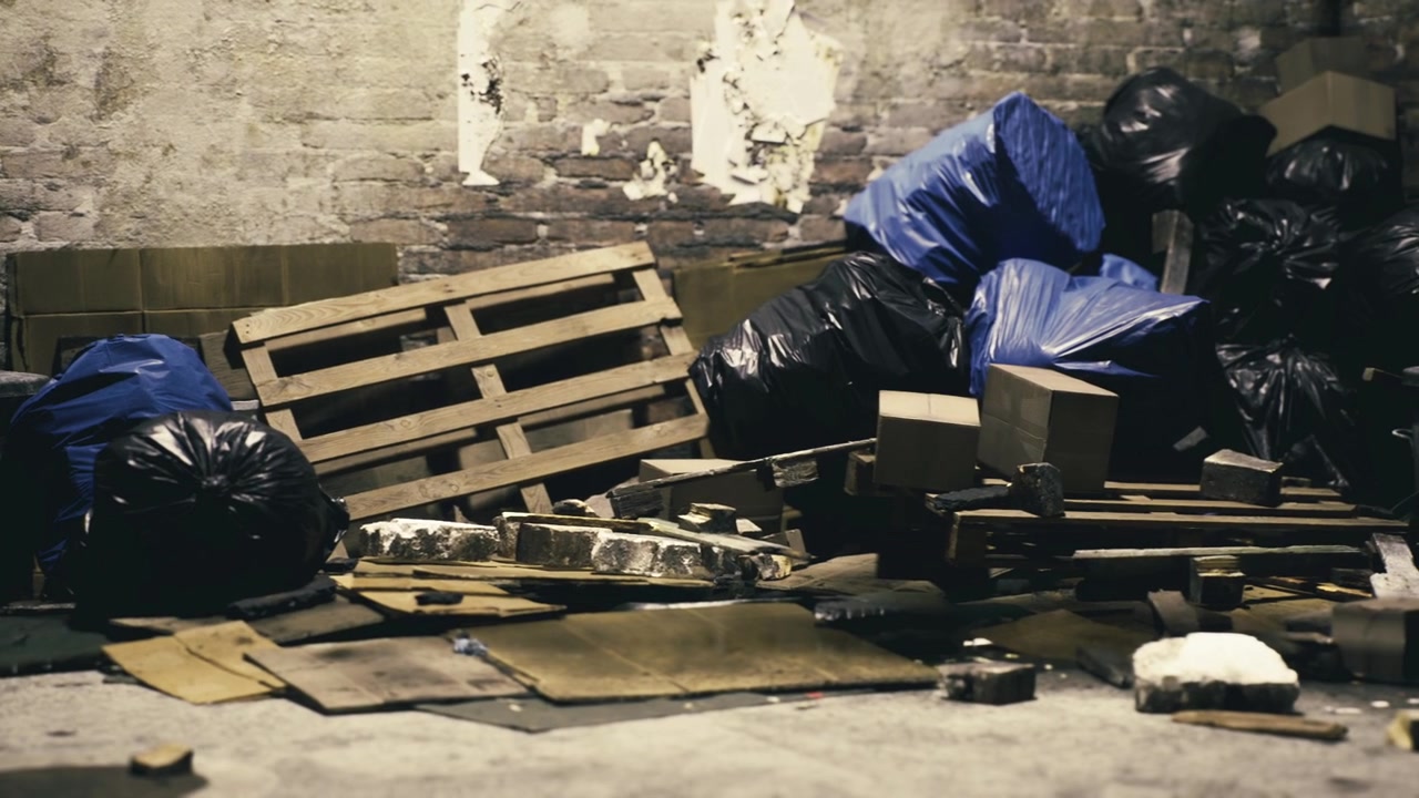 Urban chaos captured in a forgotten alley filled with discarded waste