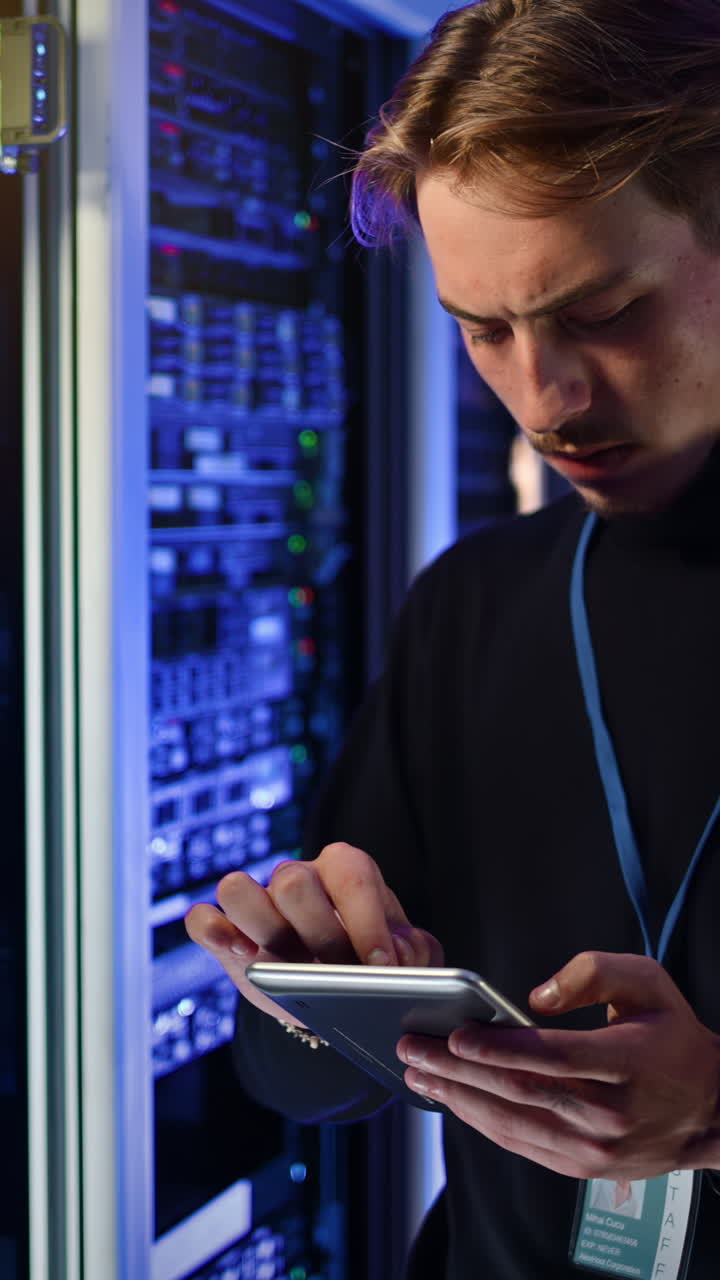 Man analysing data in a server room. Vertical