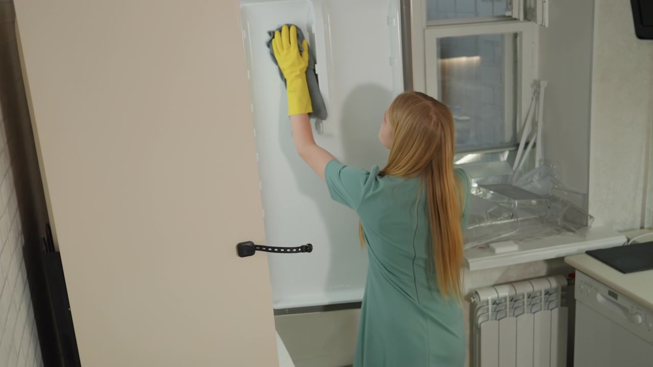 Bílá žena, majitelka domu, utírá dveře lednice v domácí kuchyni, má na sobě žluté rukavice a ležérní šaty, používá sprej a houbu, sluncem zalité okno, jemná ranní úklidová rutina, organizuje spíž a utírá.