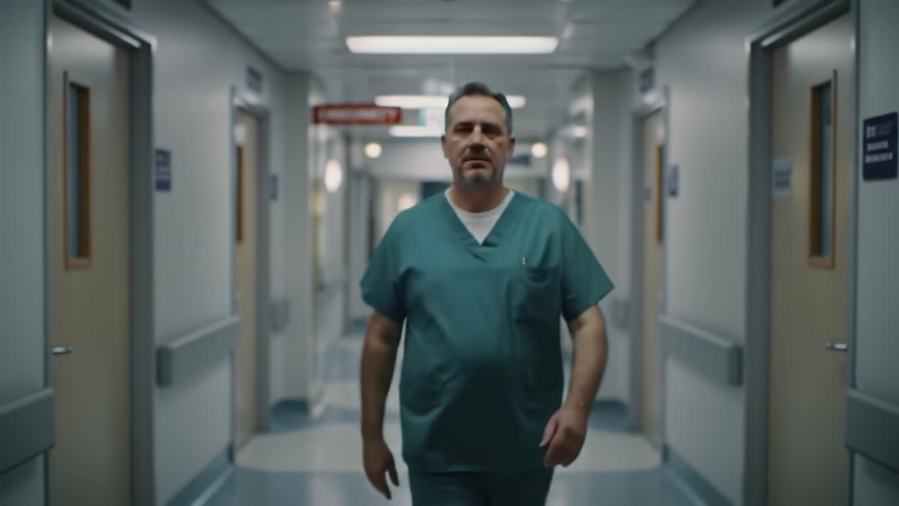 A determined healthcare professional walks through a hospital corridor, embodying dedication and resilience in a challenging medical environment captured in two remarkable frames