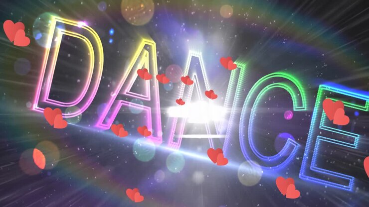 Animazione di cuori rossi su scritta neon 'dance' e punti di luce sullo sfondo