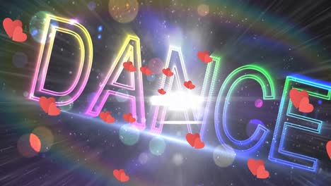 animation of red hearts over neon dance text and spots of light in background