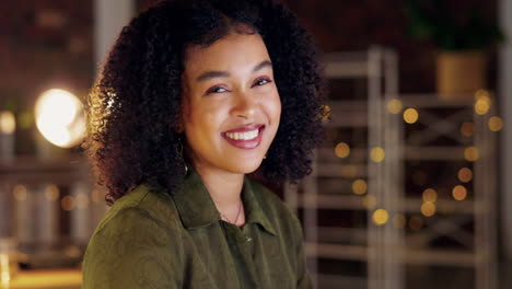 night, office and face of happy woman