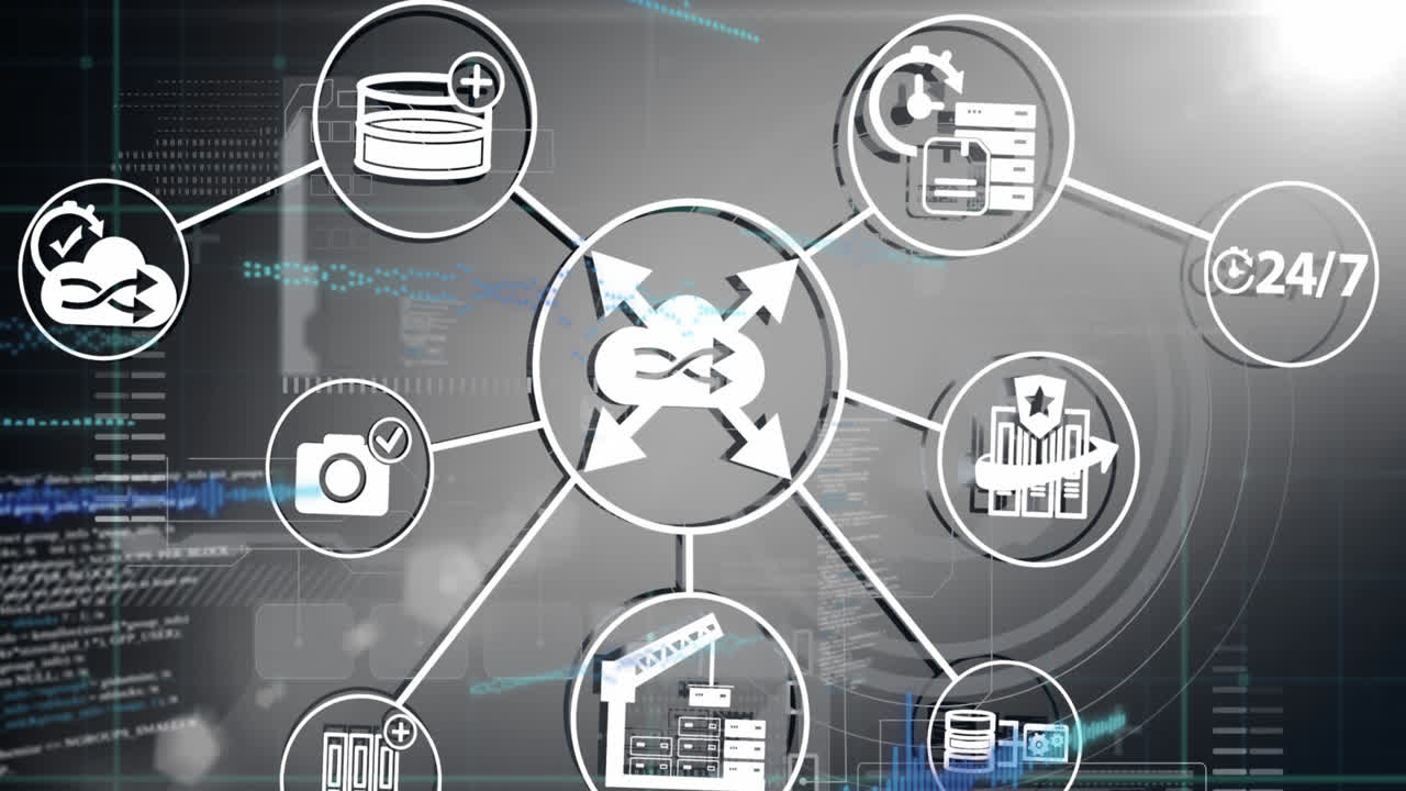 animación del procesamiento de datos sobre iconos de medios
