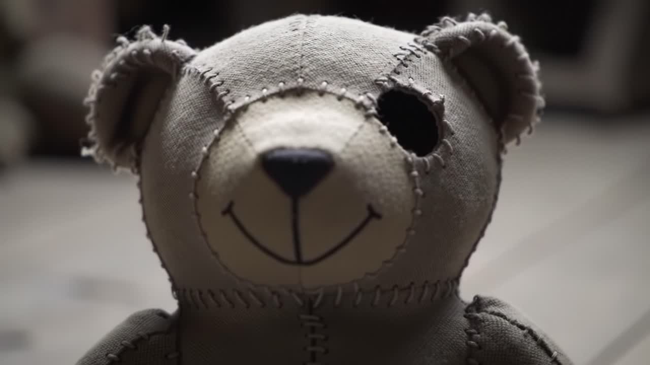 A charming teddy bear with a stitched design sits in a warm and inviting room. The sunlight filters through the window, casting soft shadows and enhancing the nostalgic atmosphere.