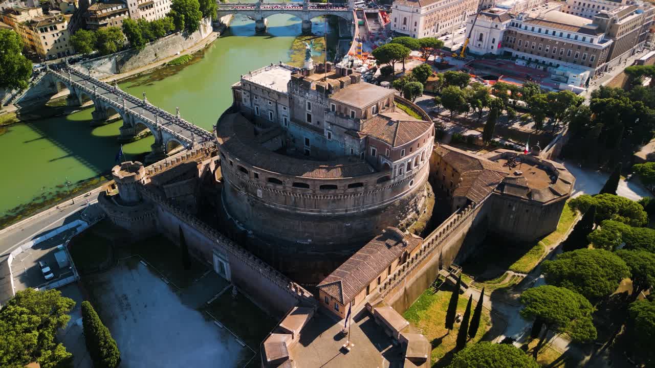 Historic Castel Sant'Angelo - Birds Eye Orbiting Drone Shot. Rome, Italy