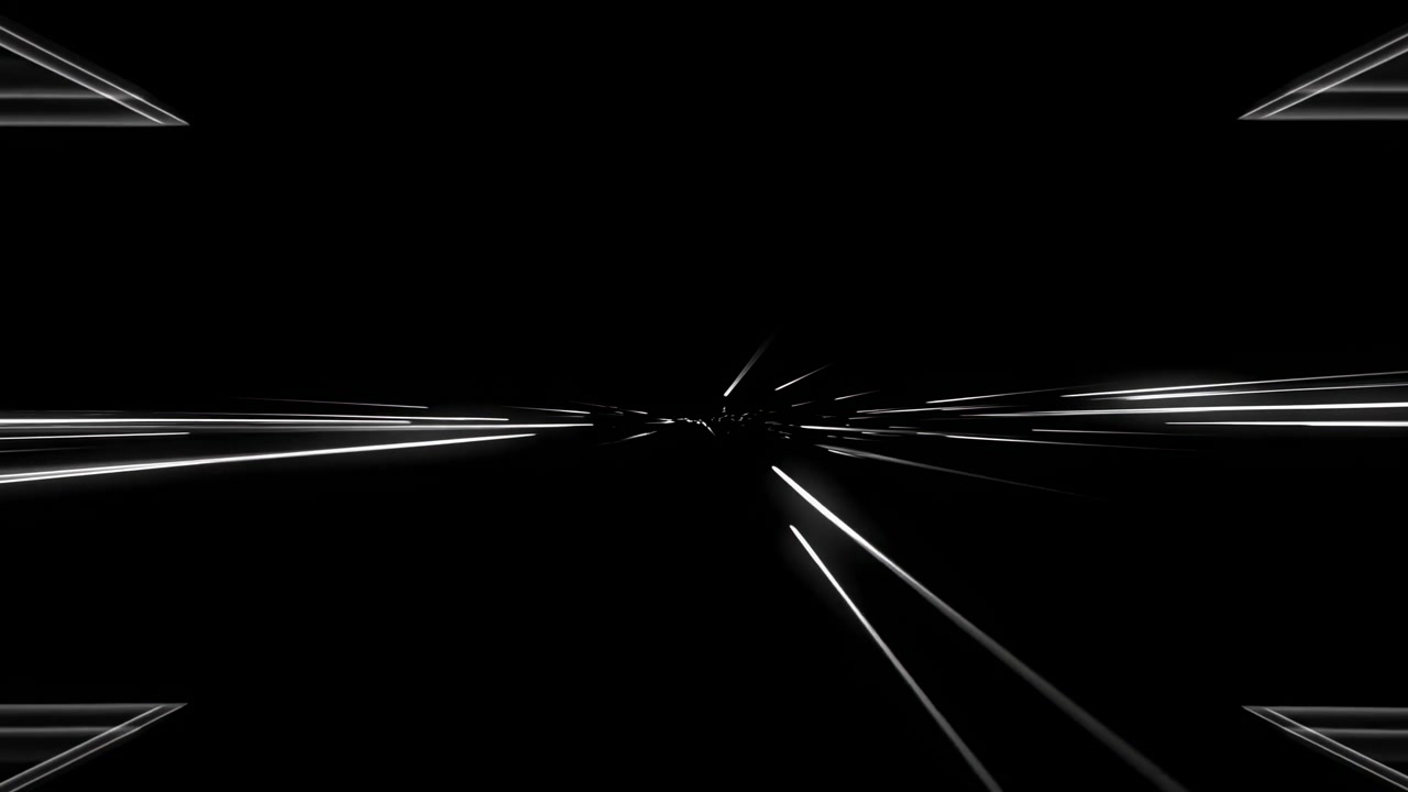 Thin luminous lines extend and shift around a central dark opening, creating changing geometric angles, strong contrast, and a symmetrical sense of forward motion across black space.