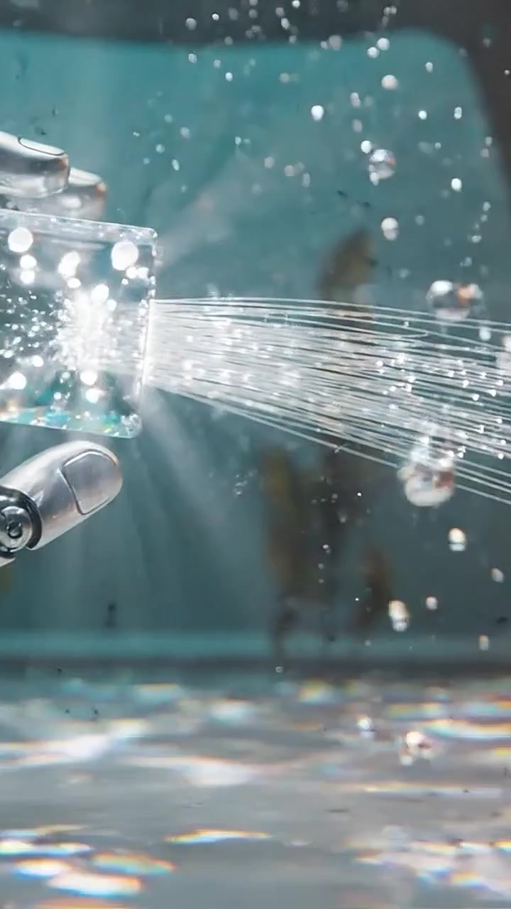 Un braccio robotico innovativo che manipola un cubo in un ambiente sottomarino, catturando l'interazione con bolle e la dinamica dei fluidi con dettagli mozzafiato