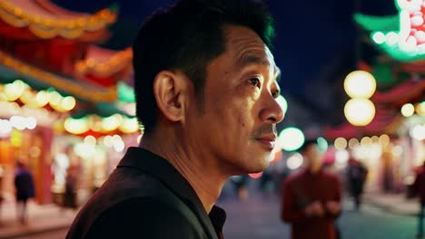 businessman is standing in a busy asian street at night, looking thoughtfully into the distance