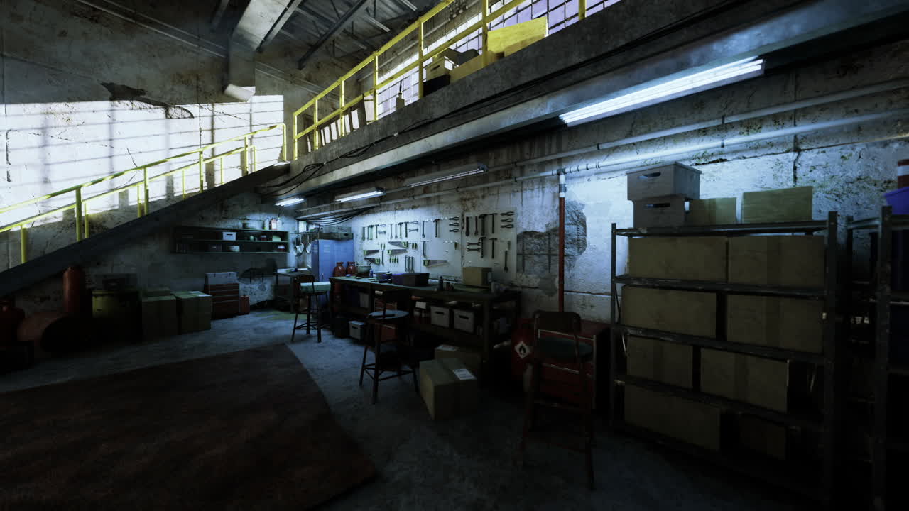 Nighttime storage area featuring blue lighting and organized tools