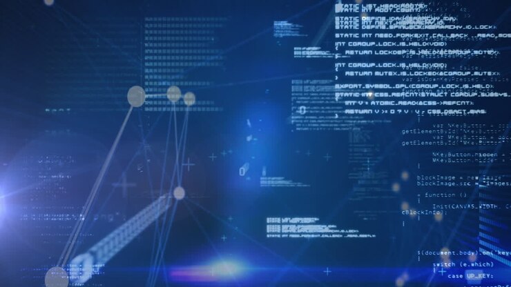 Animation of data processing over light trails on black background