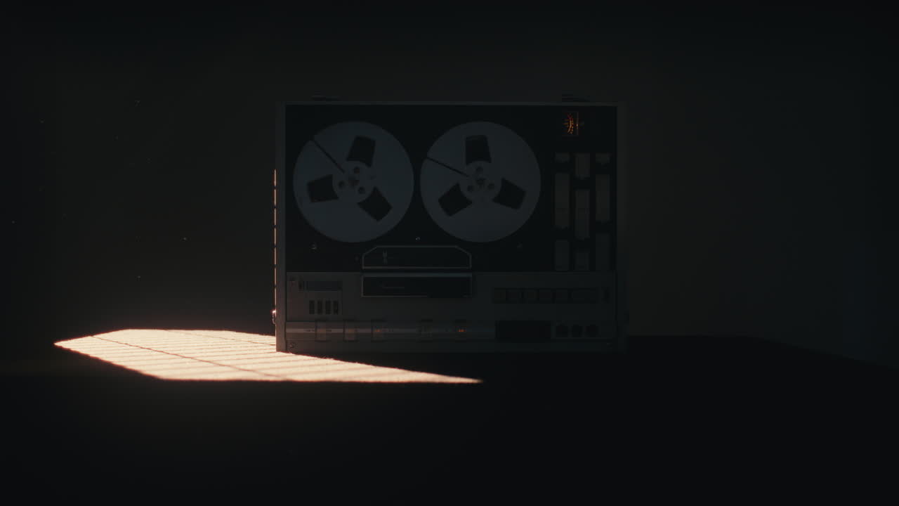 A vintage tape recorder in a red blinking light