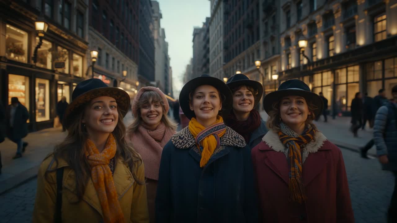 Entering frame five women wearing hats walking down shopping street at dusk, admiring shop windows