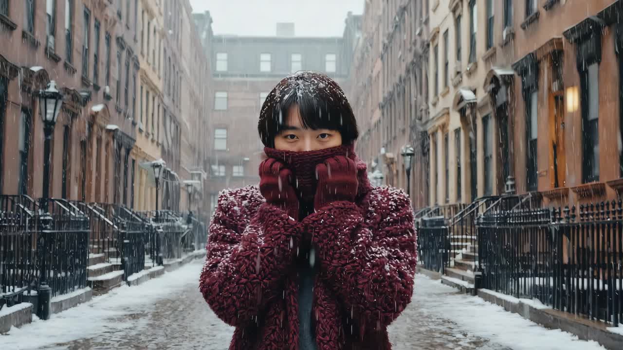 Woman in winter coat in snowy city street