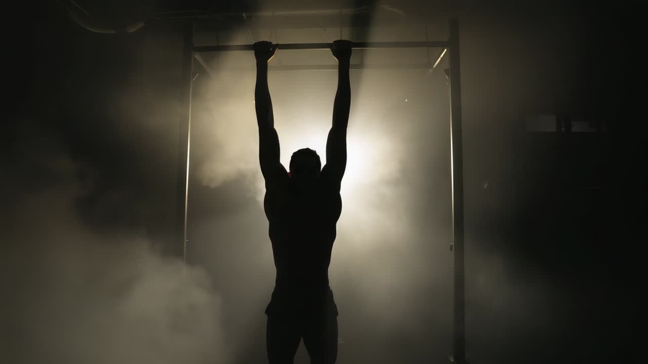 Muscular man reaching for metal rig, hanging, pulling, holding for strength in foggy gym in shorts