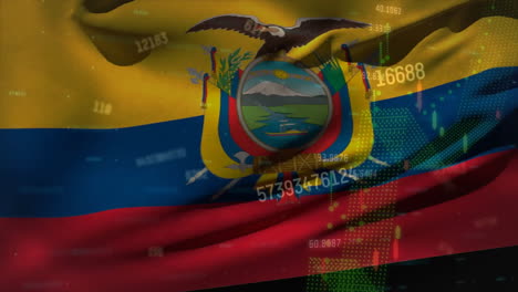 animation of graph and data processing over flag of ecuador