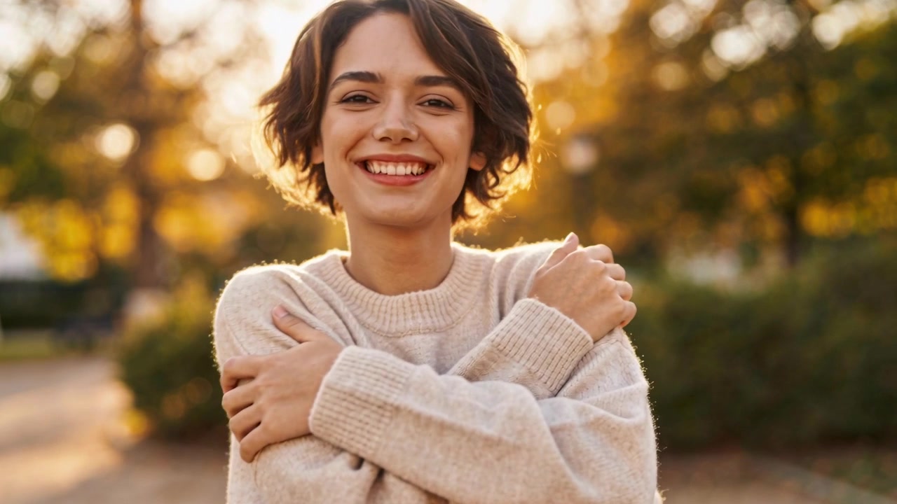 La telecamera si muove su una donna con un maglione di lana grosso che si abbraccia, camminando in un parco soleggiato e guardando verso lo spettatore.