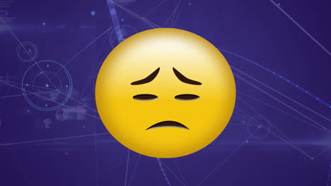 animazione dell'icona emoji triste su una rete di connessioni con elaborazione dei dati