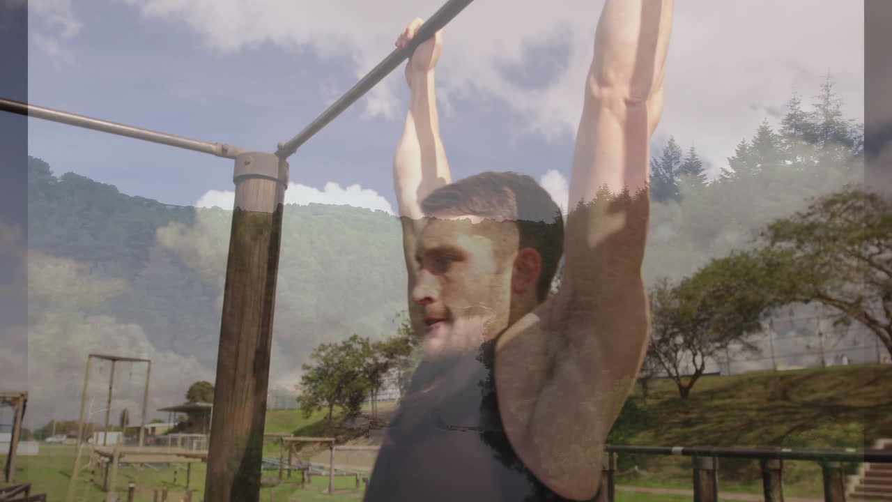 Exercising on pull-up bar, man with scenic landscape animation background
