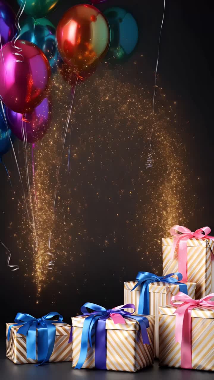 Video de fondo de cumpleaños con globos y cajas de regalo 4K