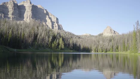 peaceful lake with cliffs in the background