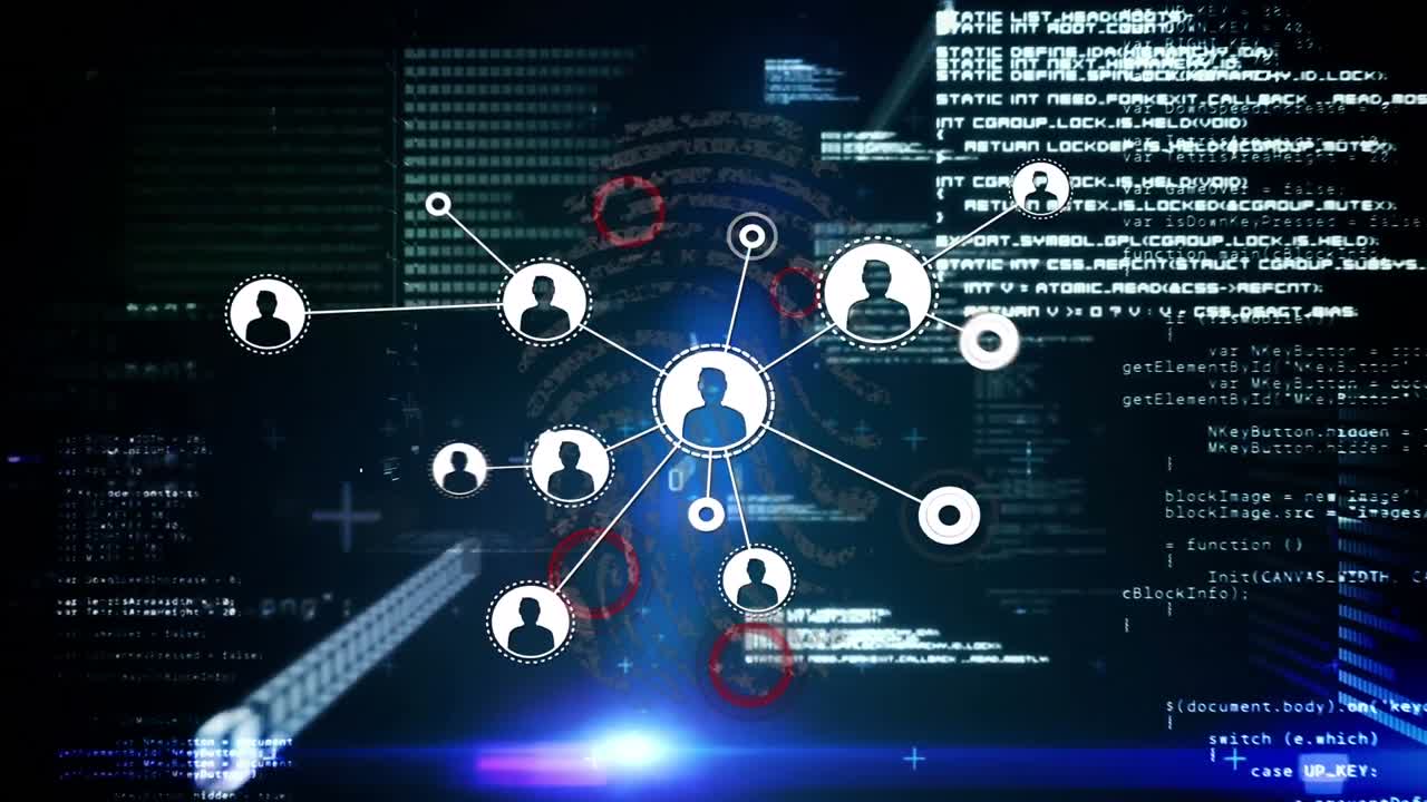 Animation of network of connections with user icons over fingerprint in black space