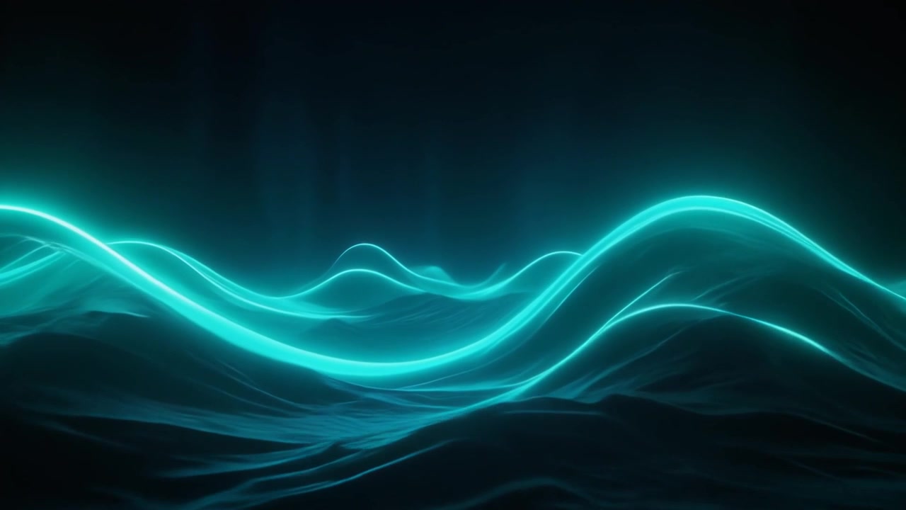 Onde astratte di neon ciano luminoso su sfondo scuro