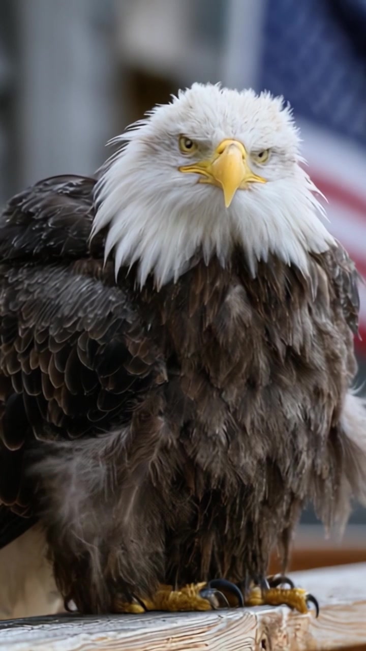 Un majestueux pygargue à tête blanche affichant son expression féroce et sa forte présence, symbolisant la force et la liberté sur fond de patrimoine américain.