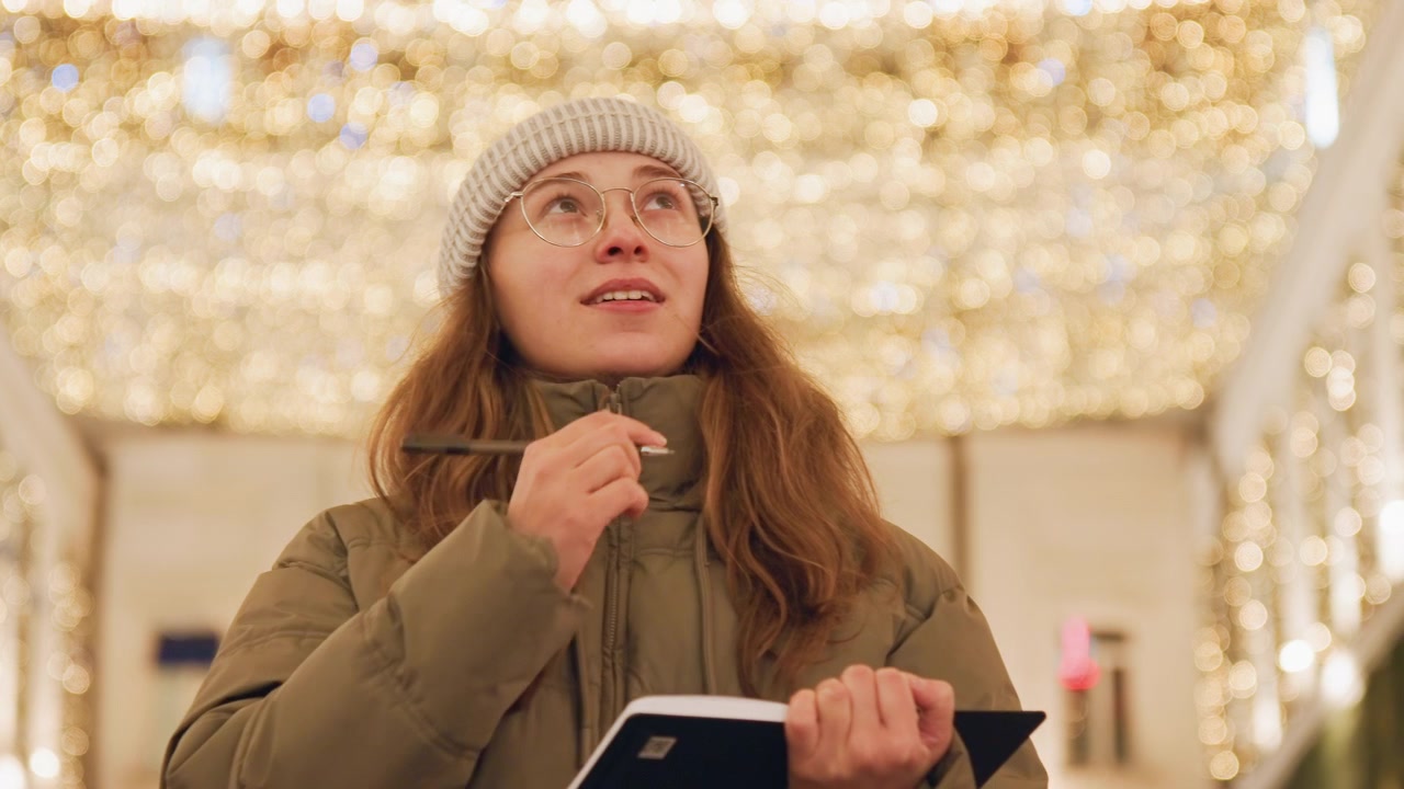 Joyful holiday shopping. Caucasian lady smiling at festive market. Woman in coat and beanie exploring holiday market. Cheerful woman with notebook browsing lively holiday market in evening