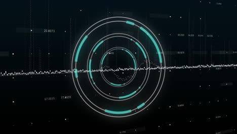 Animation-Der-Datenverarbeitung-Und-Neon-Rundscanner,-Der-Sich-Vor-Schwarzem-Hintergrund-Dreht