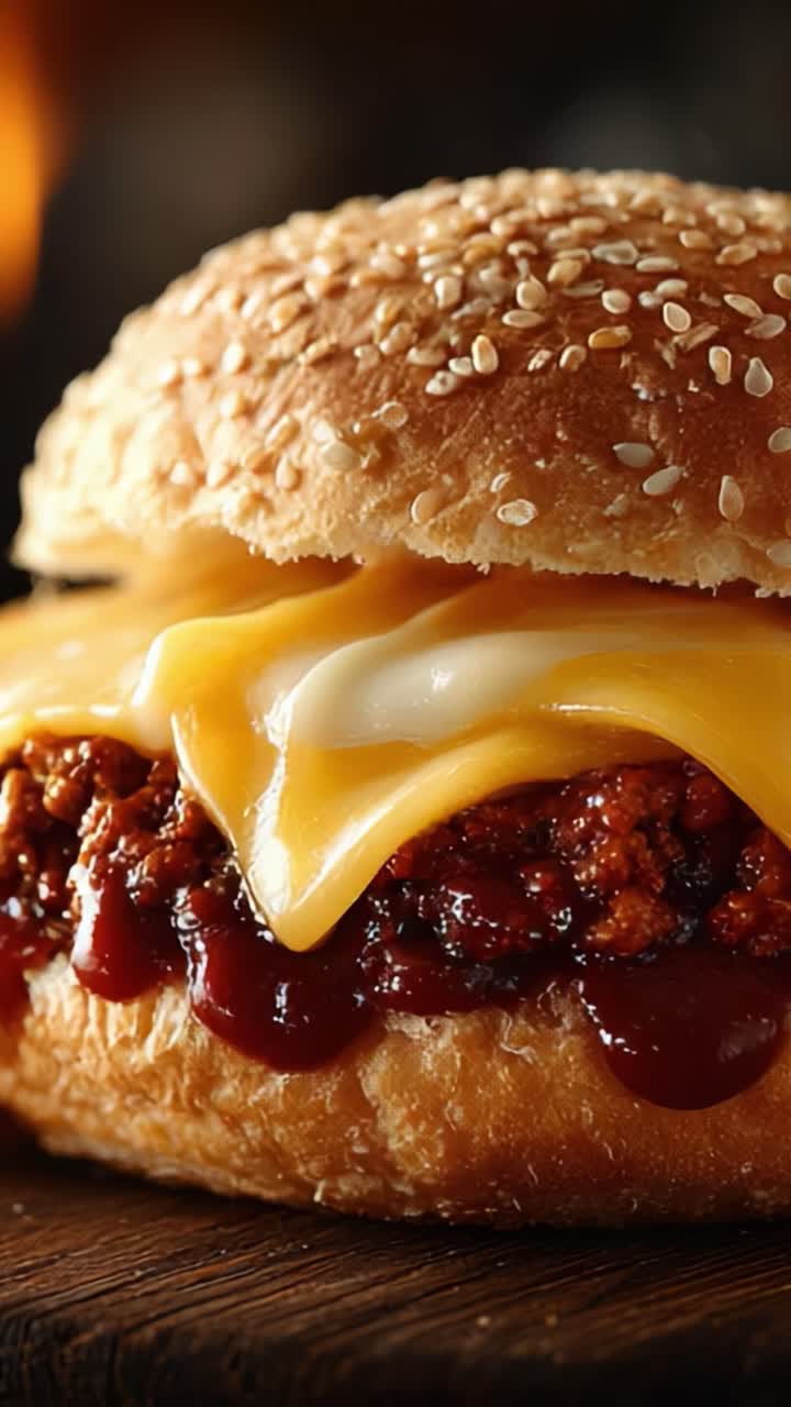 Succoso hamburger con cheddar e salsa barbecue: deliziosi strati di sapore in un panino ai semi di sesamo tostato che stuzzicheranno le tue papille gustative