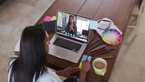 Afroamerikanische-Frau-Schreibt-Auf-Memo-Notizen-Und-Führt-Zu-Hause-Einen-Videoanruf-Auf-Dem-Laptop