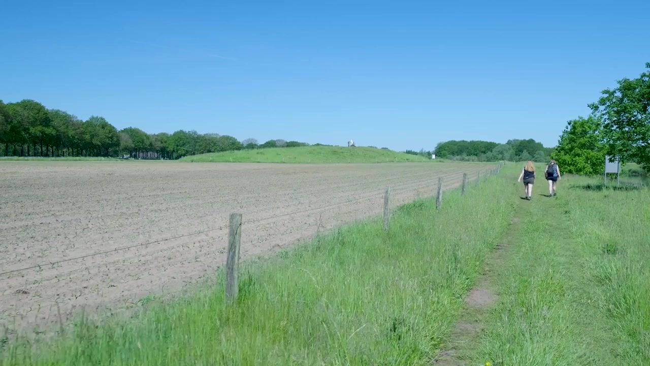 Two People Walking Along a Rural Path Beside a Farm Field