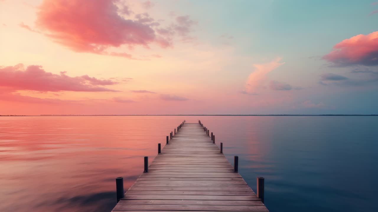 Serene sunset over a calm lake with a wooden pier leading into the horizon