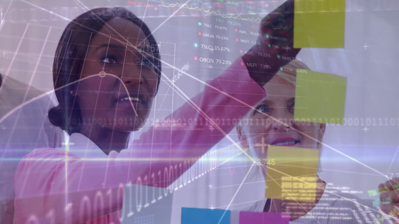 Animation of financial data processing over diverse group of business people