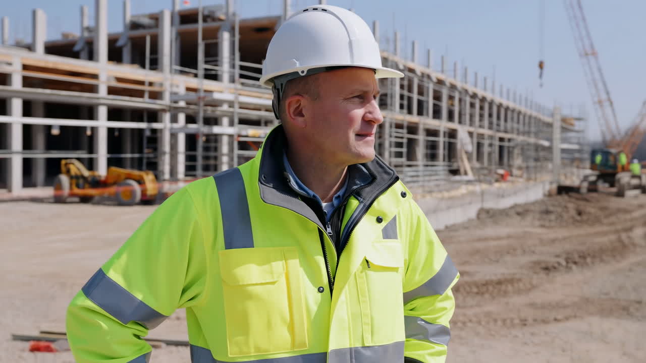 Construction Site White Man Wearing Helmet Overseeing Scaffolding And Crane Operations, Reflective Jacket