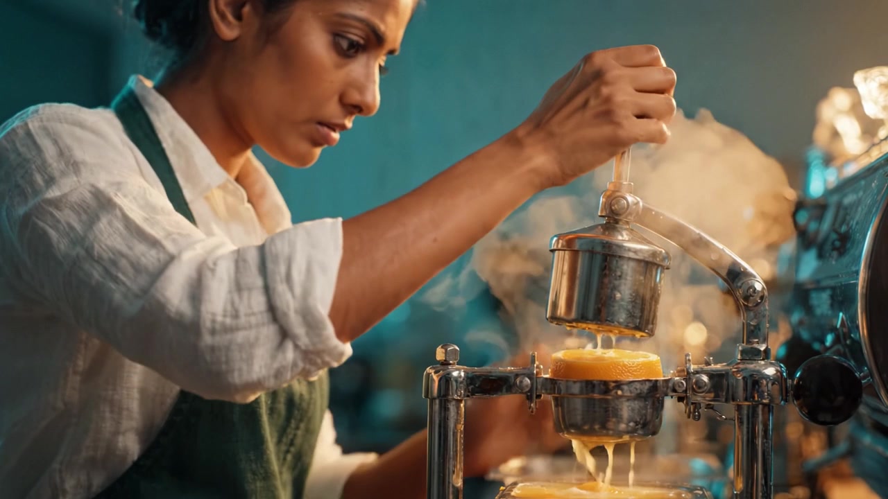 Artisan Barista Skillfully Extracting Fresh Coffee Using a Manual Espresso Machine in a Beautifully Lit Cafe Setting with Rich Aroma and Craftsmanship