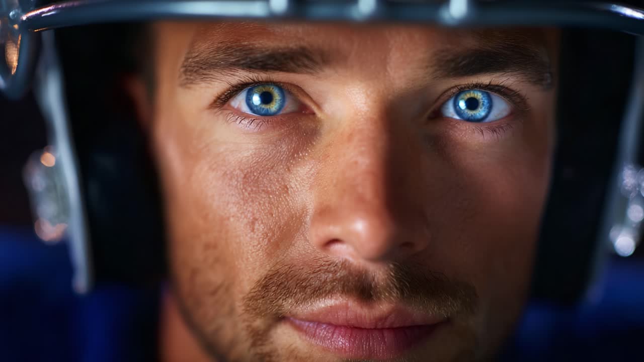 A Close-Up Shot Capturing Intense Blue Eyes Beneath a Football Helmet, Showcasing Focus and Determination in an Athlete's Expression