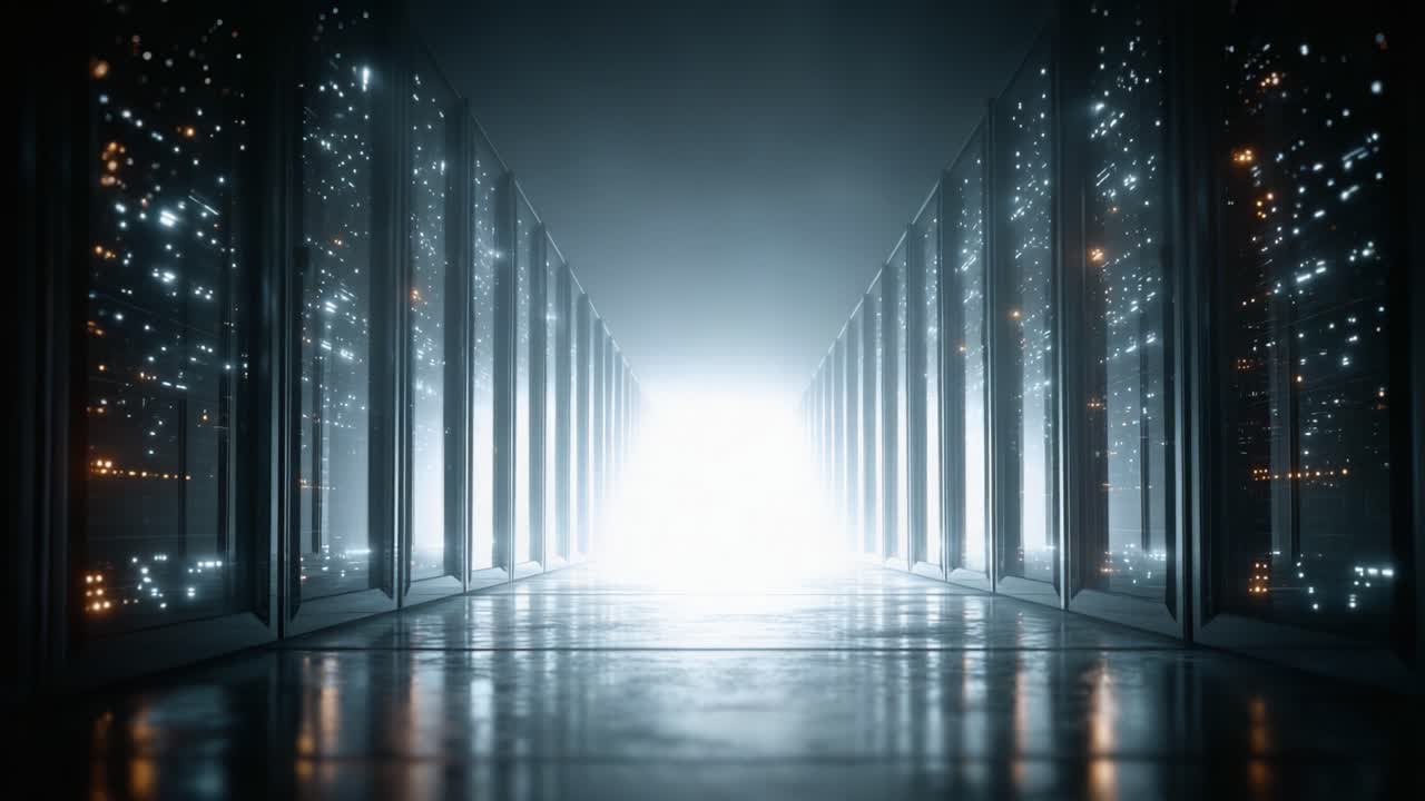 En dramatisk overgang i et højteknologisk datacenter: Fra mørke serverracks til en lys, oplyst udgang, der viser fremtiden for cloud computing og datalagring