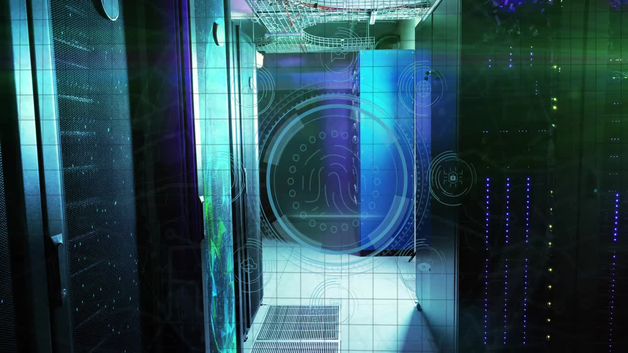 Data center cabinets showing blue green lighting with digital fingerprint overlay boosting security