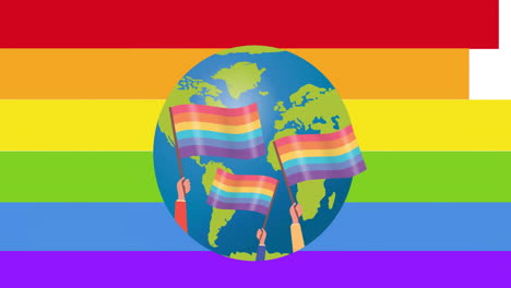 animation of globe with rainbow flags over rainbow colours on white background