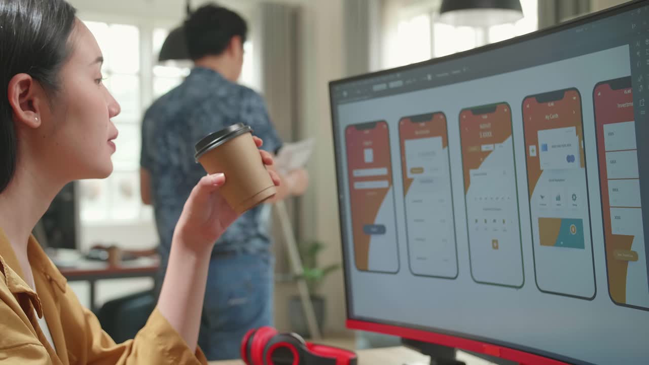 Asian Female Mobile Application Developer Works And Drinking Coffee With Graphics On Her Personal Computer In Office