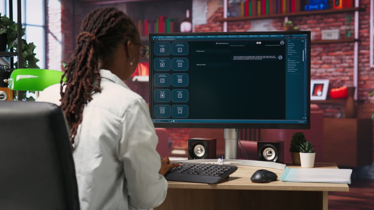 mujer en casa haciendo preguntas a ai llm chatbot asistente virtual