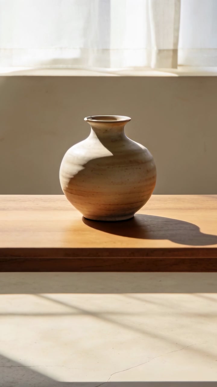 Vertical video: Light shifting as camera zooming into clay vase on shelf under curtain showing rim